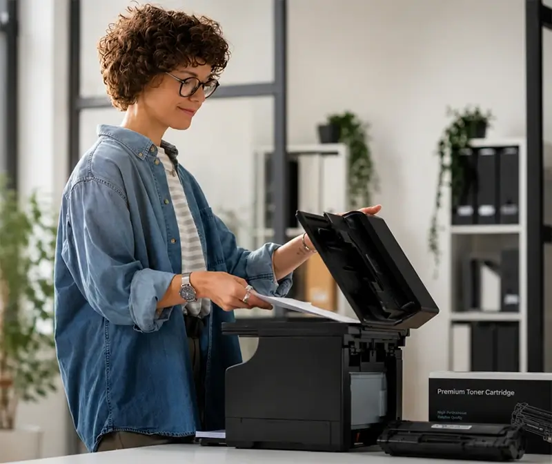 Escritório de pequena empresa com computadores e multifuncional de rede protegidos por boas práticas de segurança digital