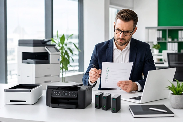 Profissional pesquisando reviews e comparativos de produtos antes de decidir a compra