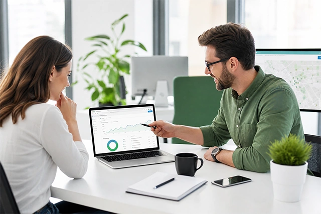 Equipe de empresa B2B local planejando estratégia de SEO e conteúdo